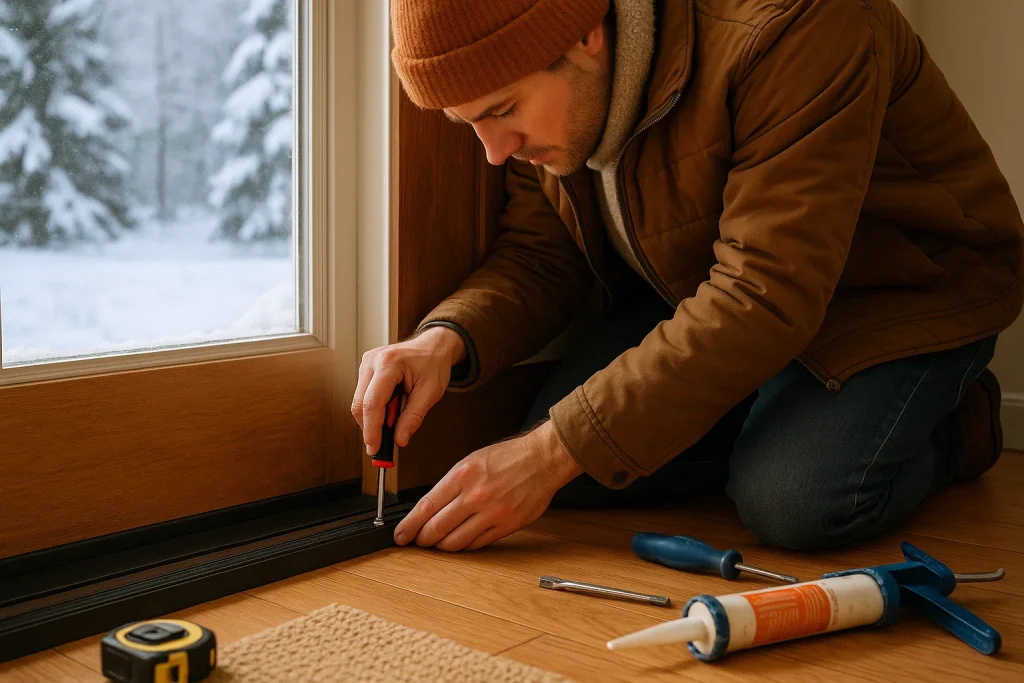 Union homeowner installing a door sweep to prevent cold drafts during the winter season.