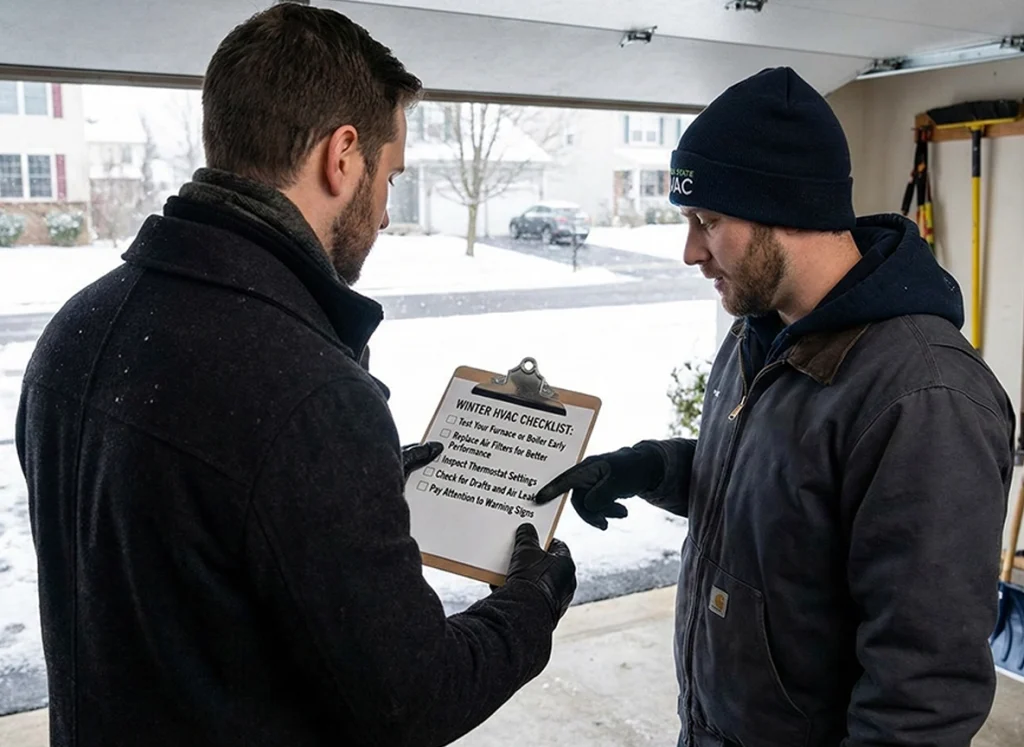 An HVAC tech and a homeowner discuss a HVAC checklist.