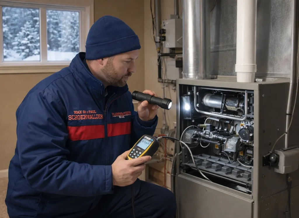 Technician performs February HVAC inspection in Union, NJ basement