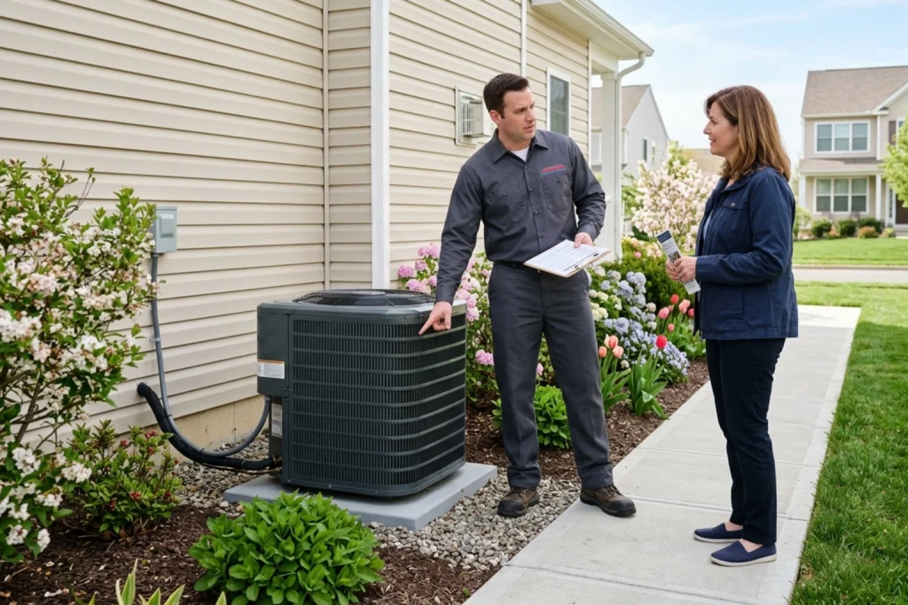 Homeowner reviewing spring HVAC checklist with technician
