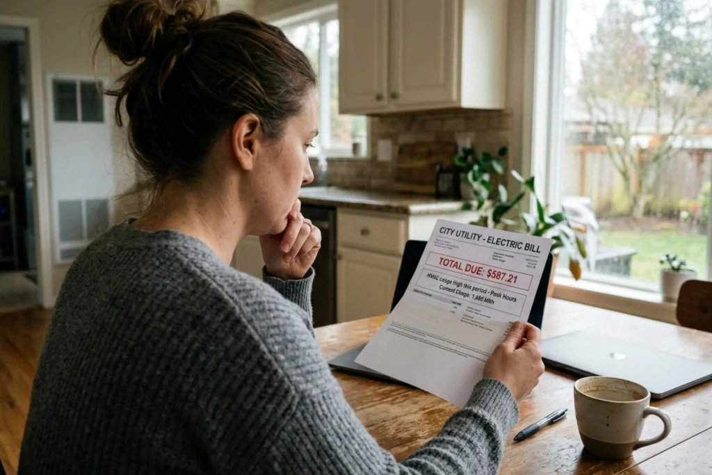 A homeowner looking at her high electric bill due to her HVAC system.