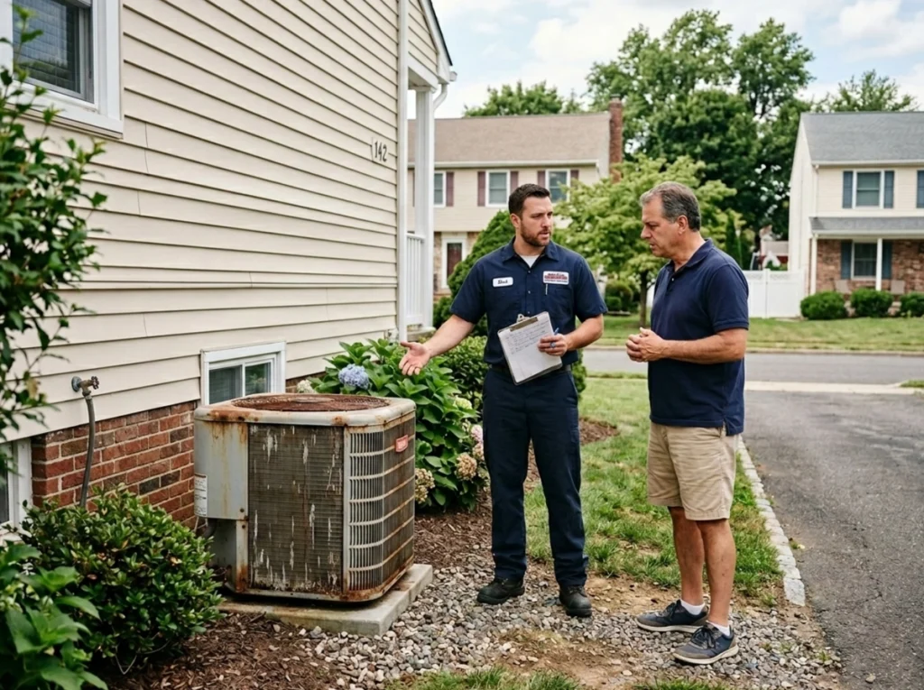 Union homeowner comparing AC repair and replacement options