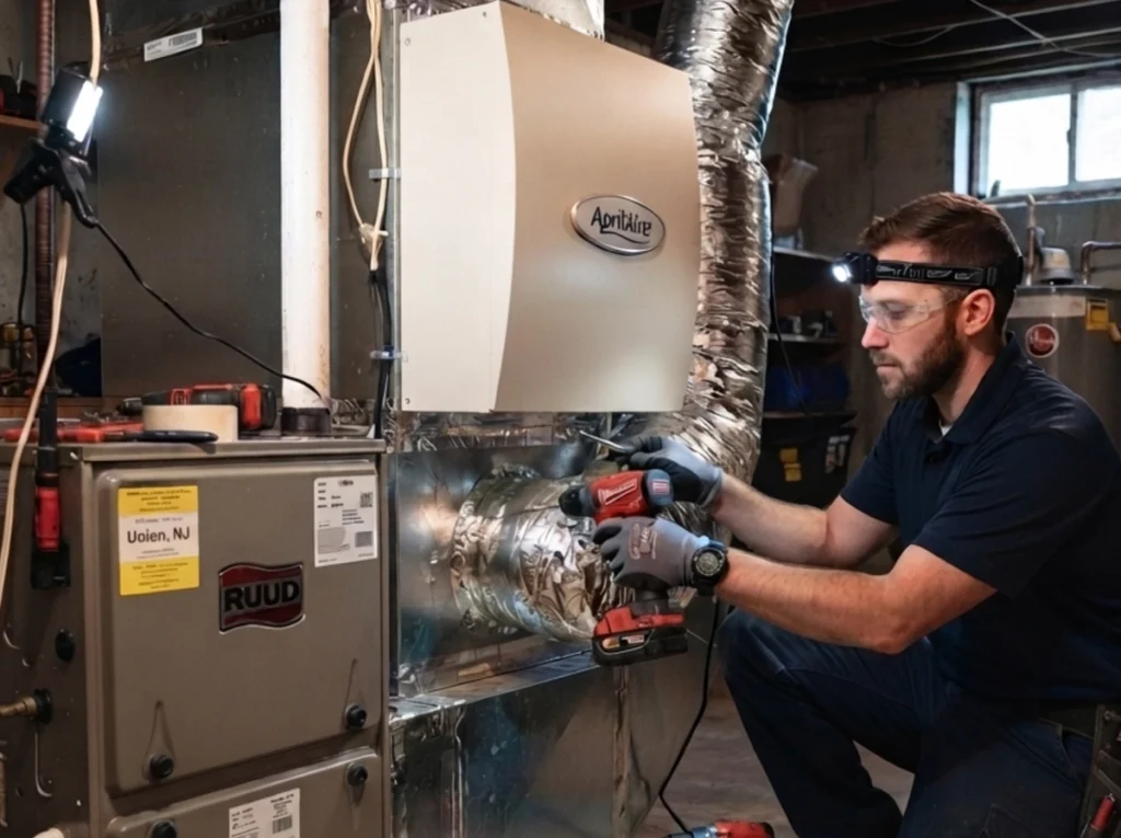 An HVAC tech installing a whole home air filtration system.