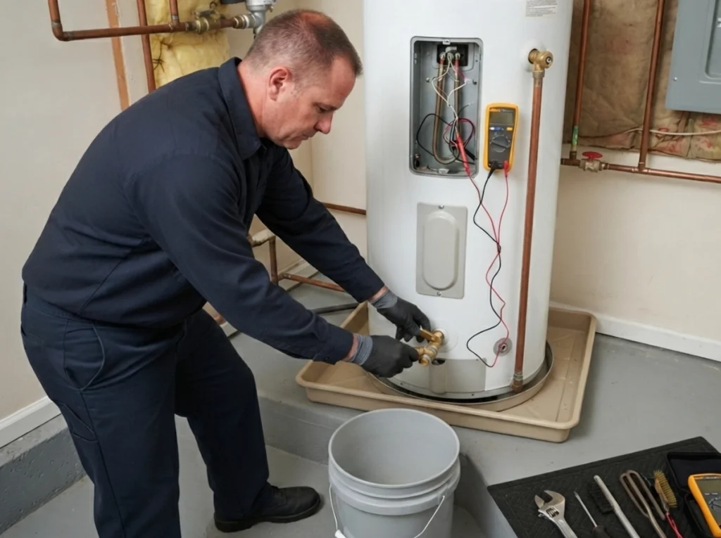 Plumber flushing sediment during preventative water heater maintenance