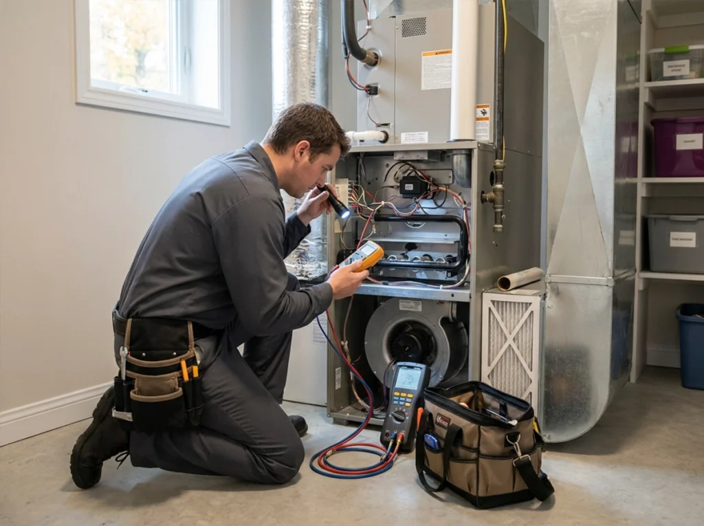 HVAC technician performing fall furnace tune-up in Union