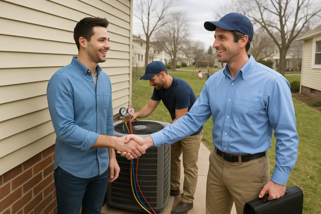 An HVAC tech technician in a homeowner shaking hands on the side of the house while another HVAC technician services the unit