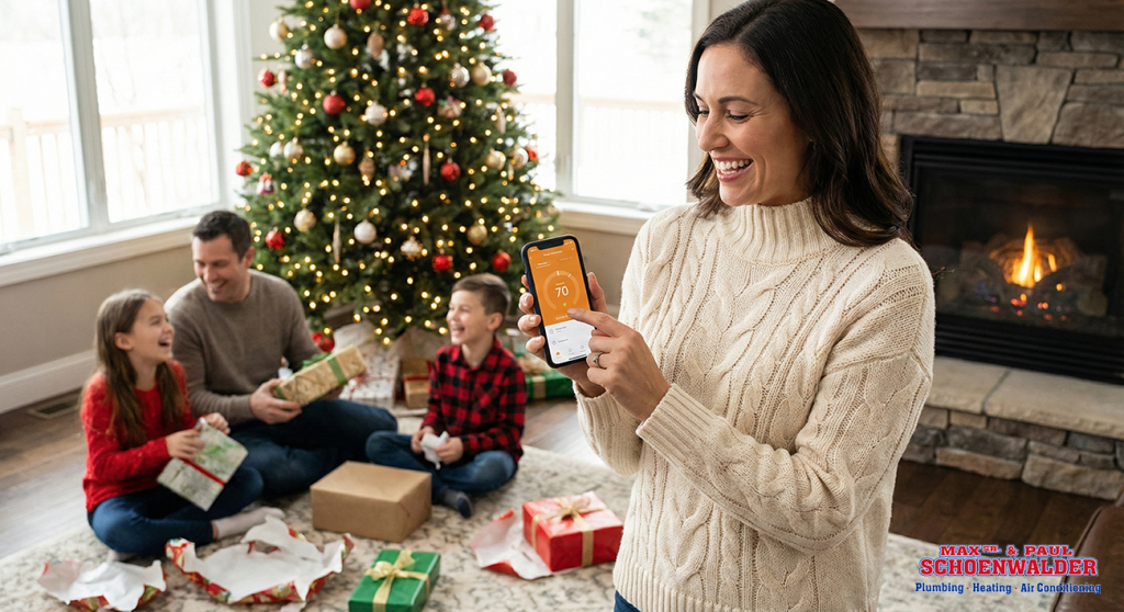 a happy woman adjusting her smart thermostat from her phone in her living room. In the living room around her is her family, happily opening Christmas presents. There is a Christmas tree in the background